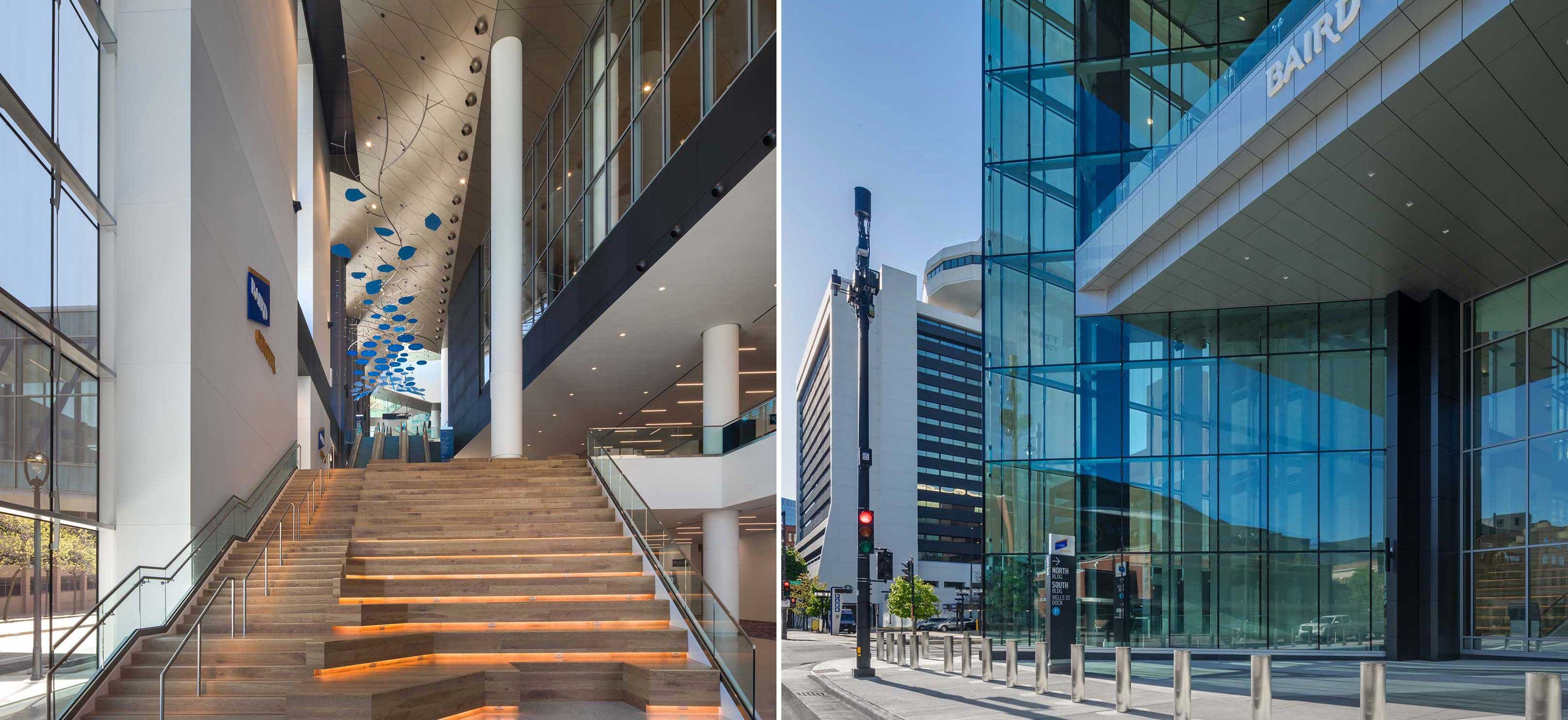 Baird Center exterior entrance from street and interior collaborative staircase CD Smith Construction photos from Milwaukee Wisconsin project completion