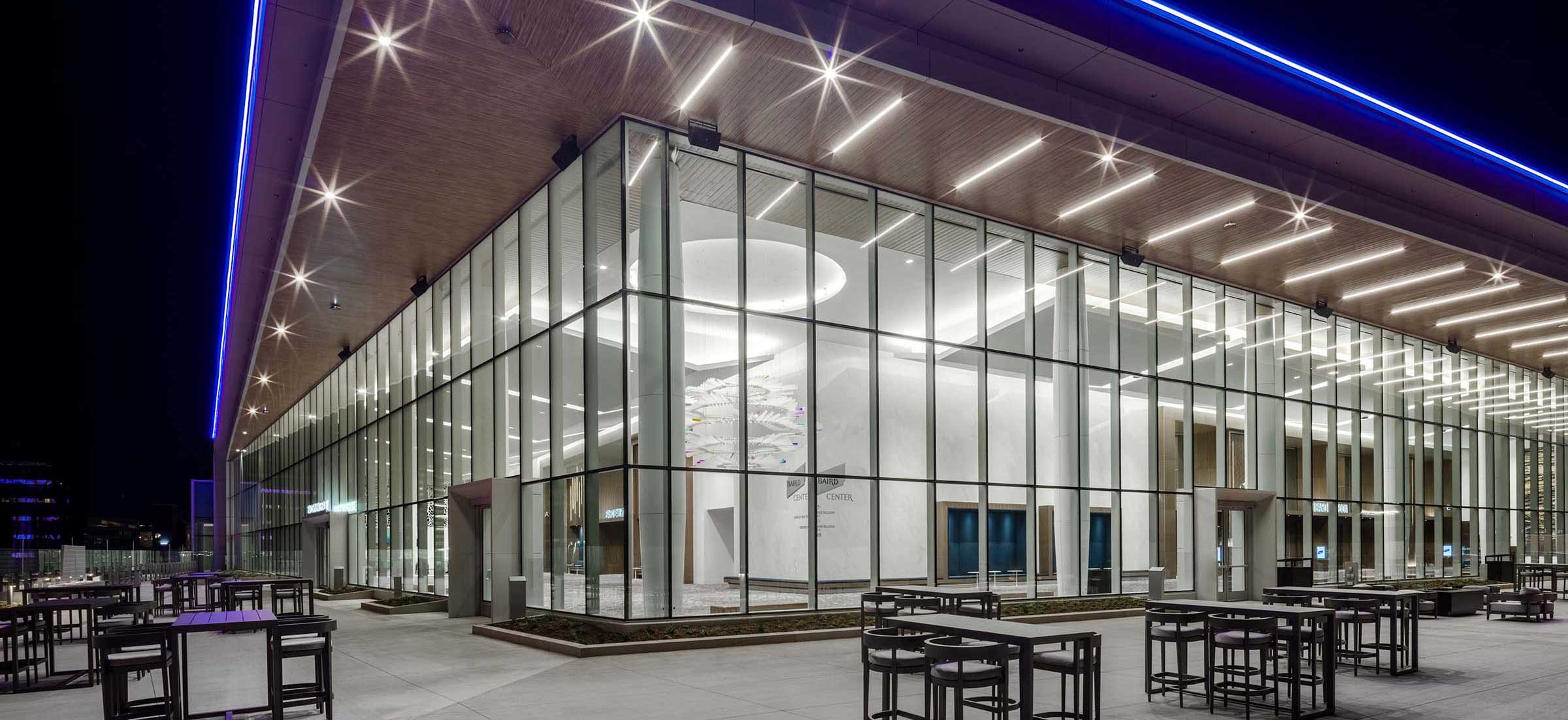 05-Baird Center Sky View Terrace experior photo at night in Milwaukee Wisconsin completed project photo