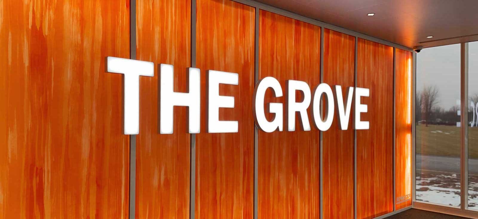 Schneider National The Grove Innovation Center corporate office interior entrance sign completed construction by CD Smith