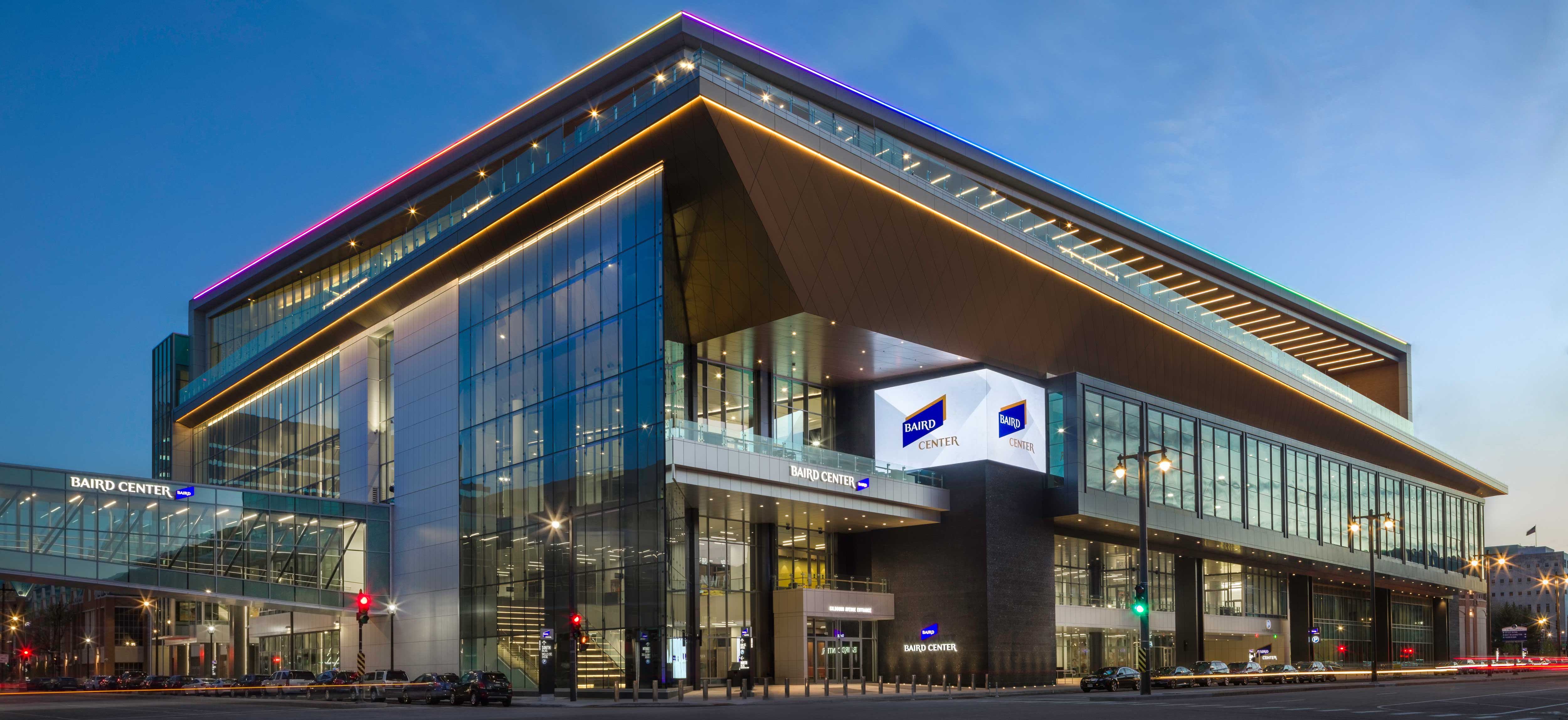 Baird Center street view at dusk in downtown Milwaukee Wisconsin after project completion by CD Smith Construction