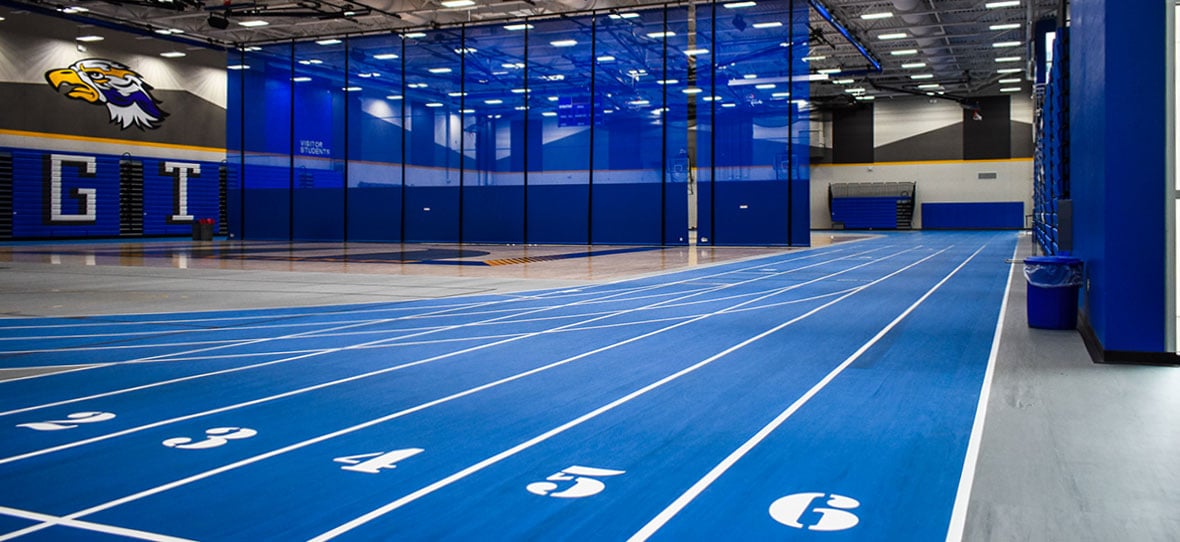 High-performance school building interior track fieldhouse at Germantown Public School Wisconsin