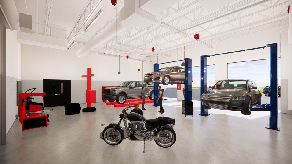 Pulaski High School Tech Ed addition interior rendering of auto shop to be built by CD Smith Construction