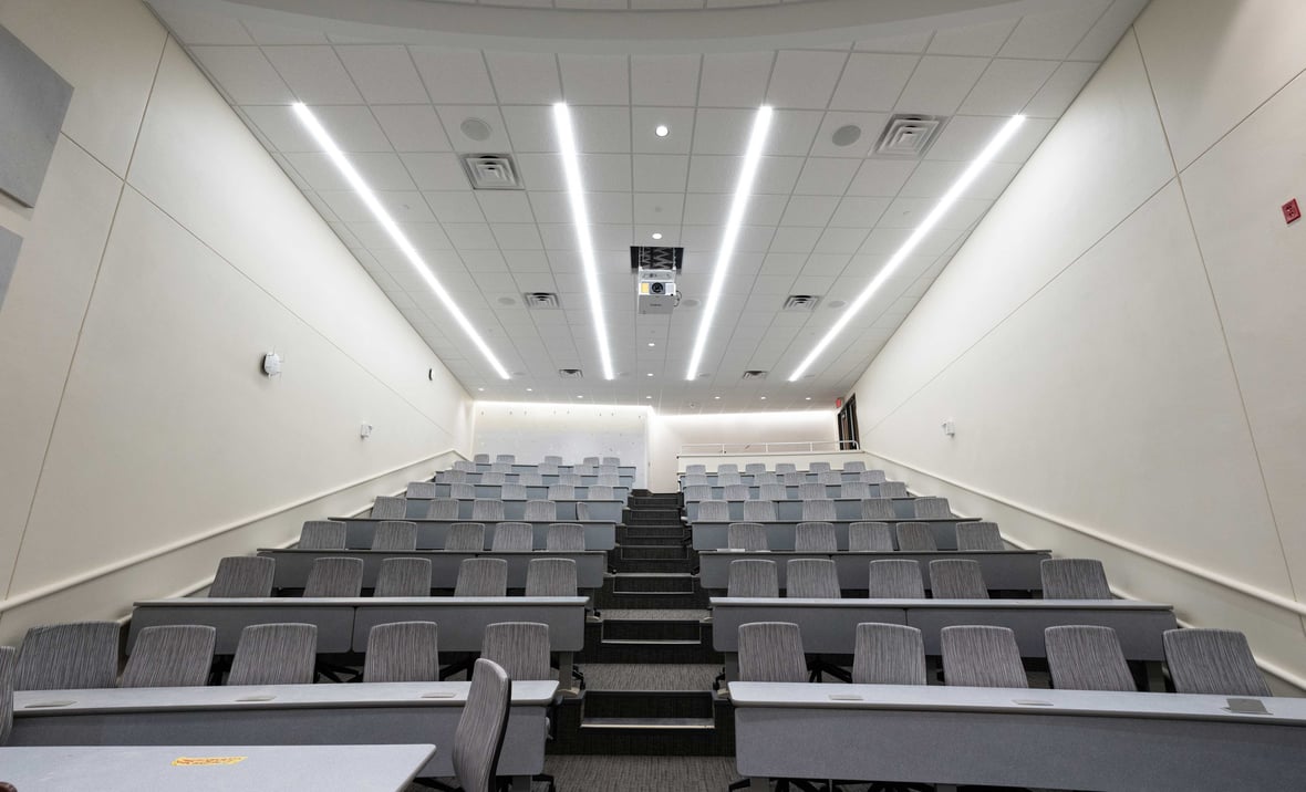 Interior lecture hall seating at University of Wisconsin-Oshkosh Clow Science Center & Nursing Education Building Renovation after Construction