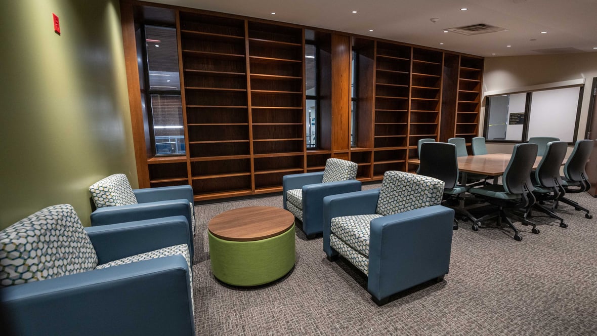 Interior seating & conference table at University of Wisconsin-Oshkosh Clow Science Center & Nursing Education Building Renovation after Construction