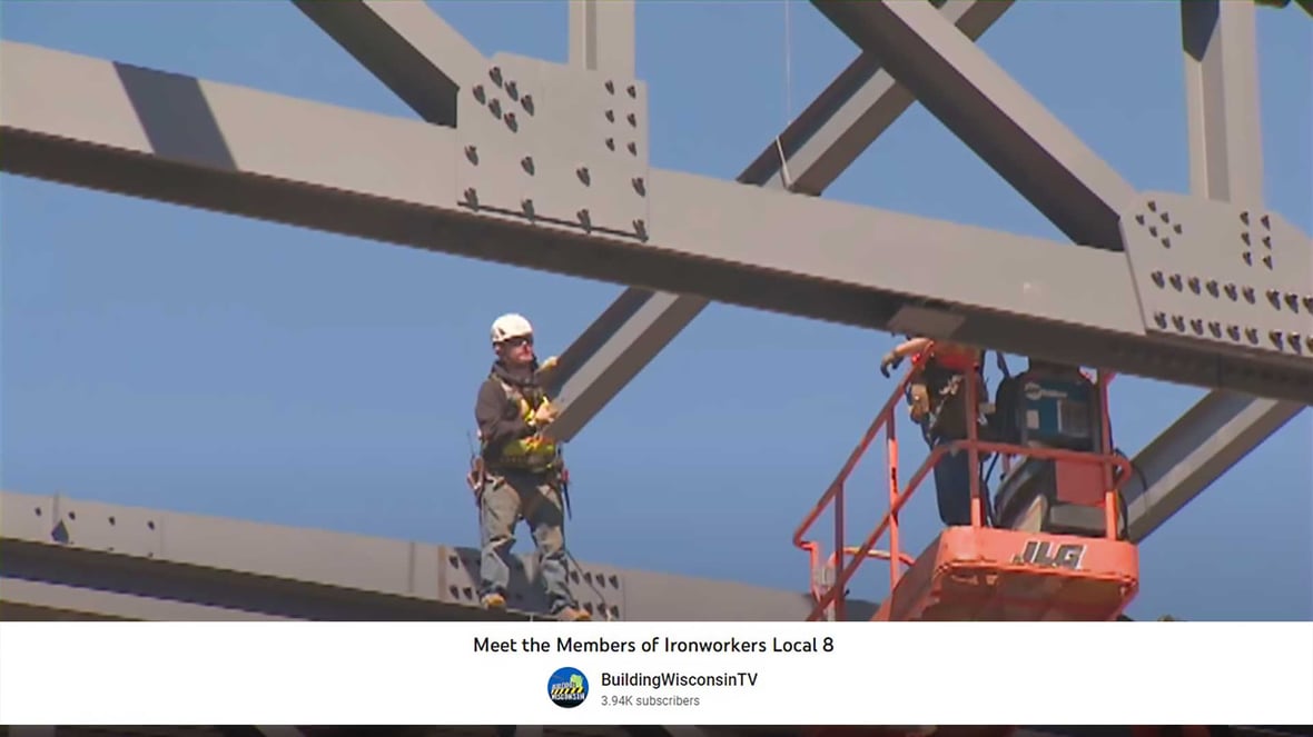 Ironworkers Setting Steel Beams at Wisconsin Baird Center Expansion Construction Project in Milwaukee