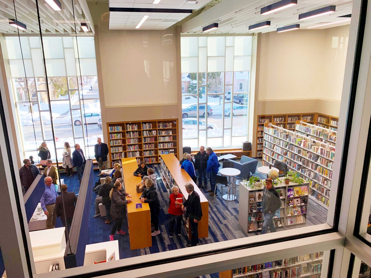 View looking down at Kohler Public Library in Wisconsin on day of dedication ceremoney
