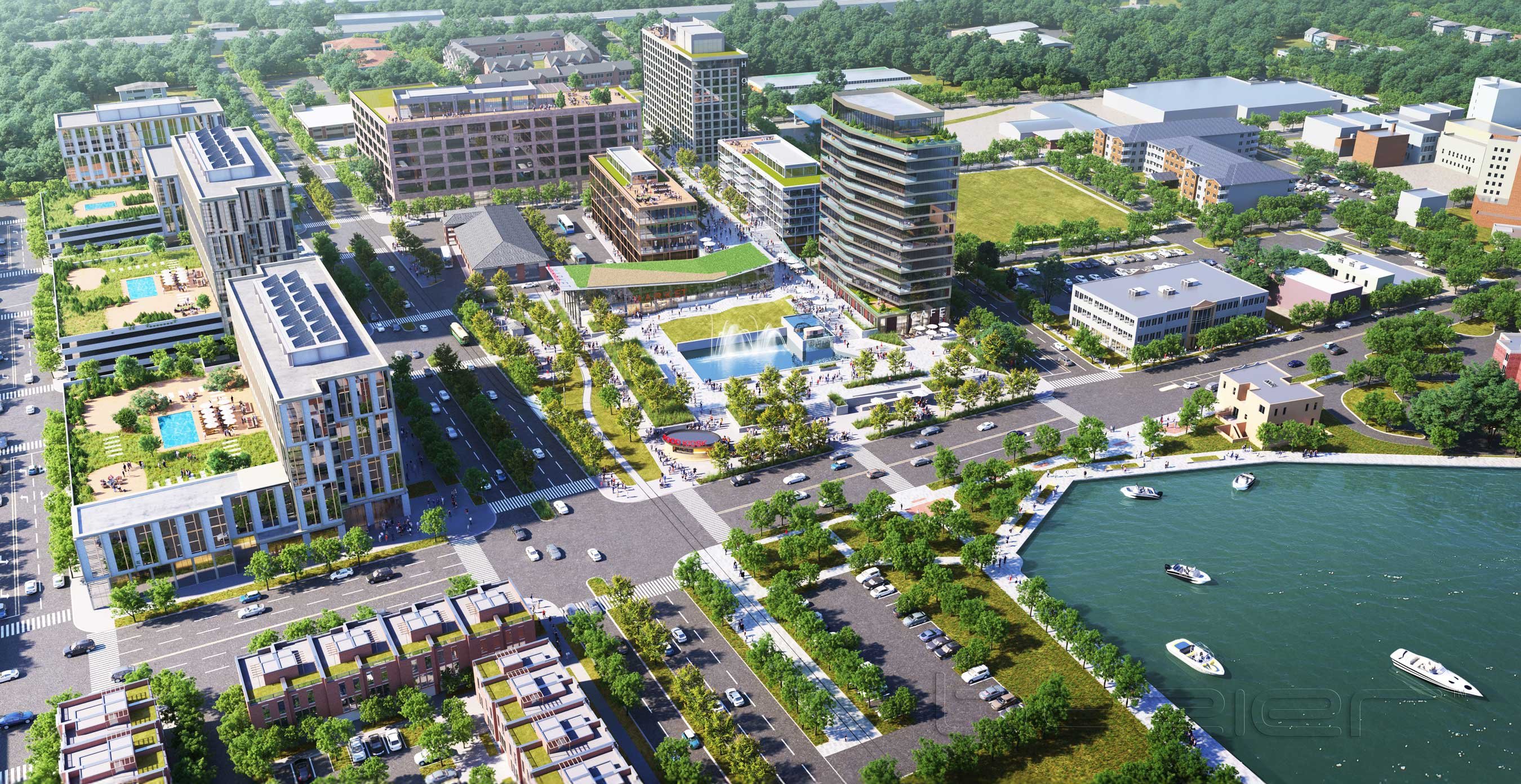 Aerial rendering of Kenosha Harbor District master plan featuring Block I apartments, hotel, office, retail, market hall and waterfront public space in Kenosha, Wisconsin.