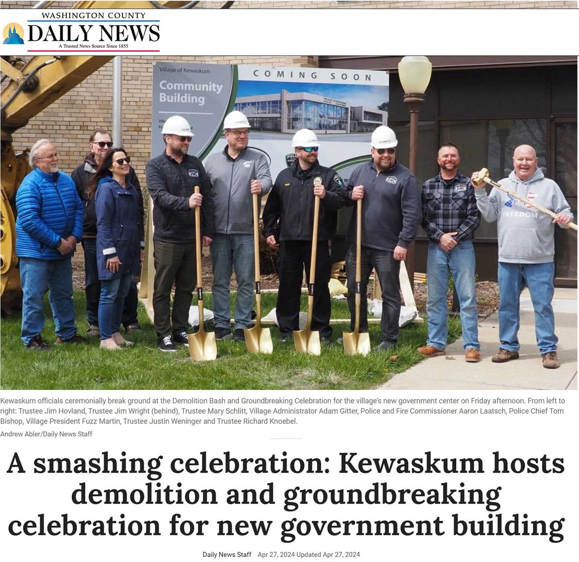 Kewaskum Officials holding shovels and sledgehammers for the demolition bash and groundbreaking of the new Community Building pictures in Washington County Daily News