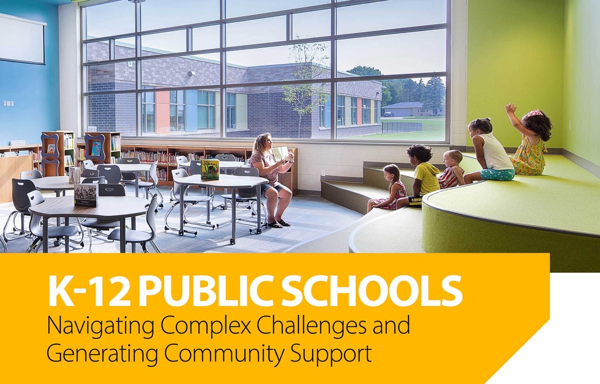 Library Interior of School built by CD Smith Construction with Teacher and Students with headline about K-12 Public Schools Challenges and Community