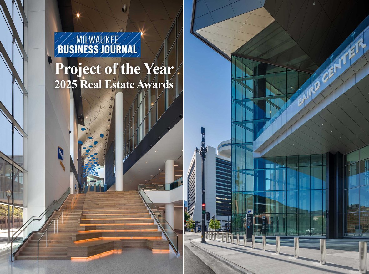 Split image showing Baird Center in Milwaukee, Wisconsin. The left features modern interior wide collaborative staircase. The right side displays the building’s glass exterior entrance with "BAIRD CENTER" signage. Overlaid text "Milwaukee Business Journal Project of the Year 2025 Real Estate Awards.