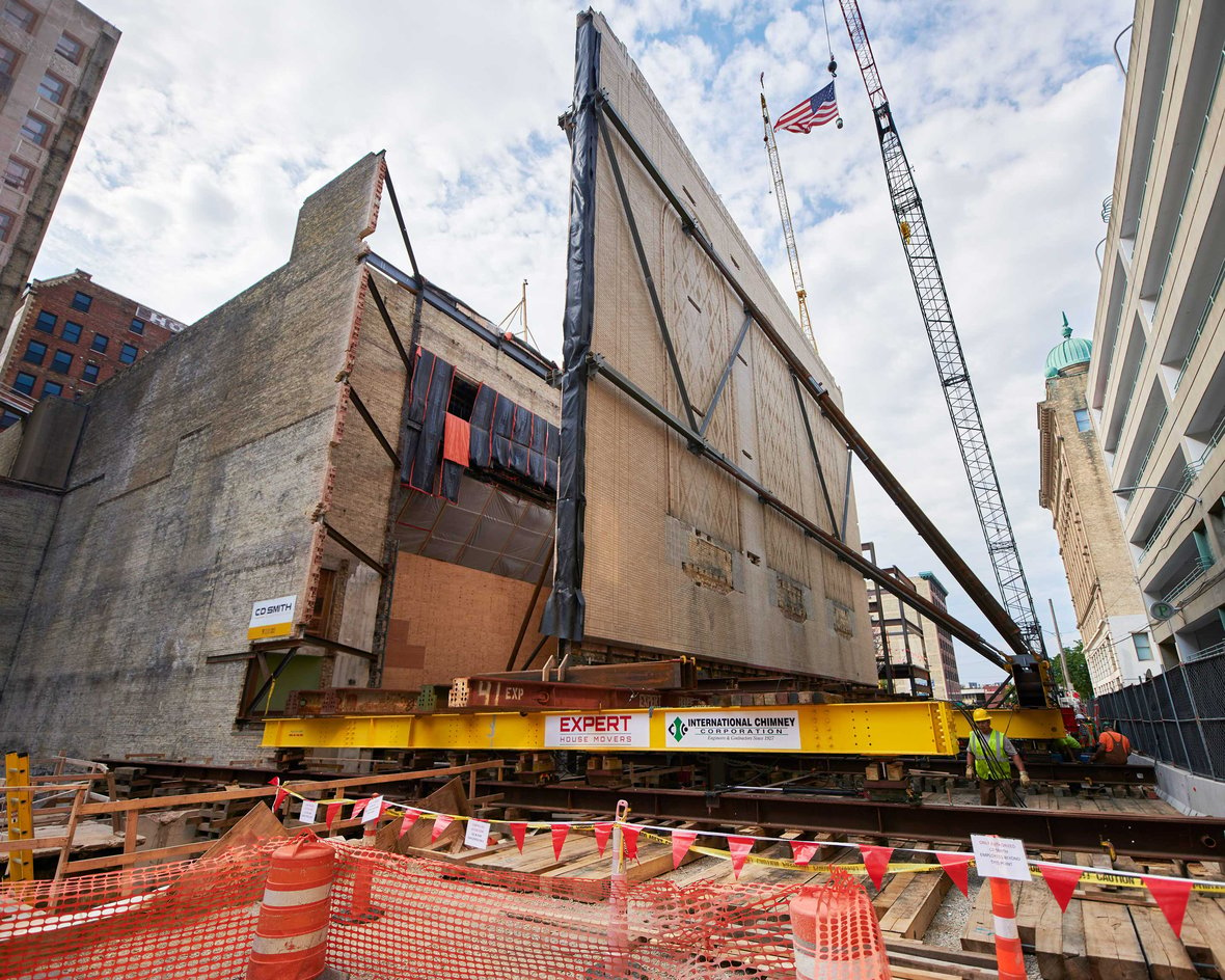 The historic wall stood in its intended place on the day of the successful move for expanding the stage on the Milwaukee Symphony Orchestra project
