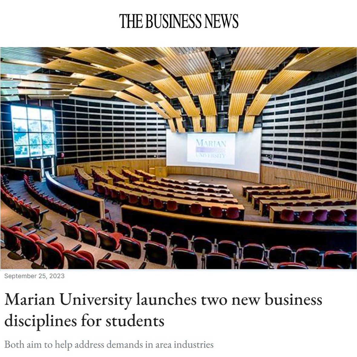 Article photo of Marian University auditorium to accompany business news story of construction management and insurance disciplines