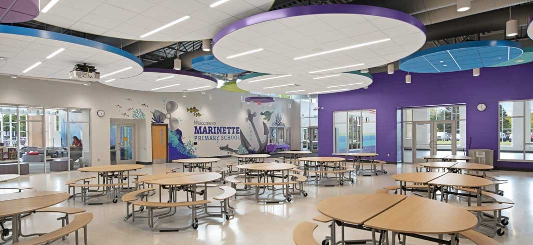 Modern School Building C.D. Smith Construction Manager & Preconstruction Marinette Primary School Addition Renovation Project Cafeteria