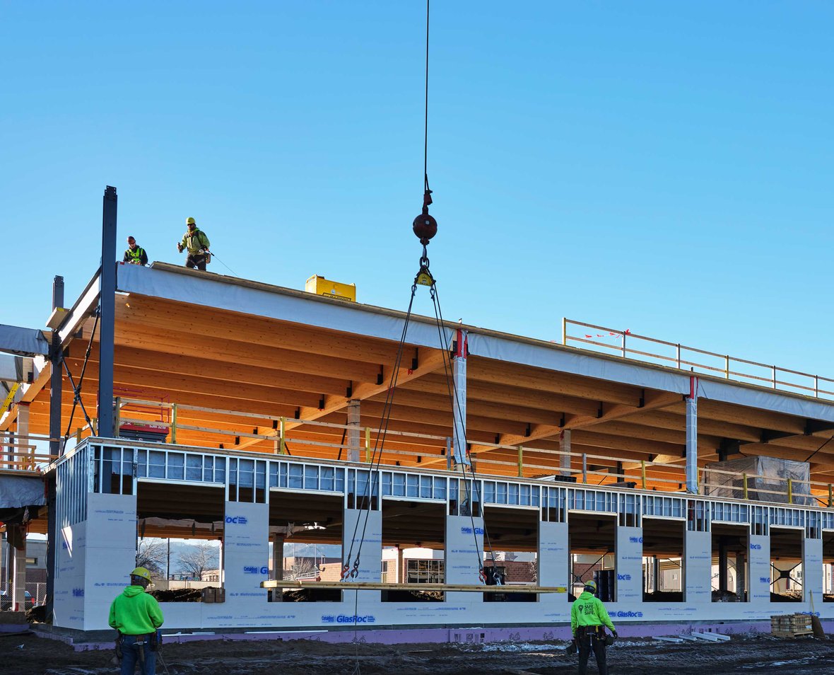 Mass timber construction building progress with C.D. Smith at Fastenal's new corporate office in Winona, MN