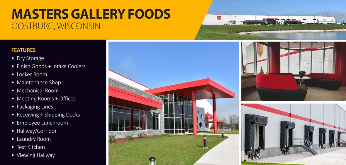list of features with images of facade front entrance loading dock of Masters Gallery Foods in Oostburg, Wisconsin