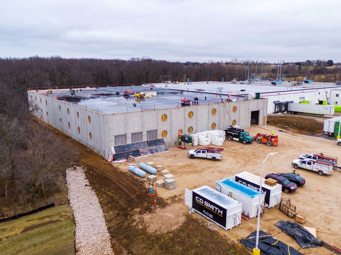 Aerial drone photograph of Mercury Racing facilities expansion with CD Smith Construction trailers