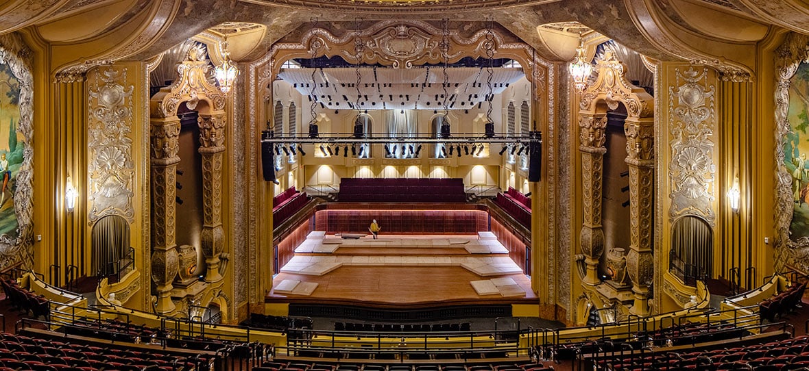 Theater Balcony & Stage of Milwaukee Symphony Orchestra Warner Grande Theatre historic restoration construction building modern Bradley Symphony Center
