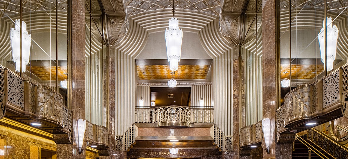 Historic Grand Lobby Milwaukee Symphony Orchestra Warner Grande Theatre historic restoration construction building modern Bradley Symphony Center