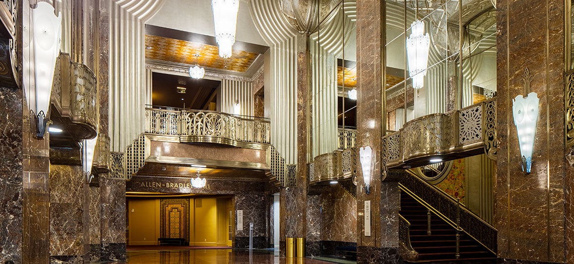The Historic Grand Lobby of Milwaukee Symphony Orchestra Warner Grande Theatre historic building & modern building construction - Bradley Symphony Center