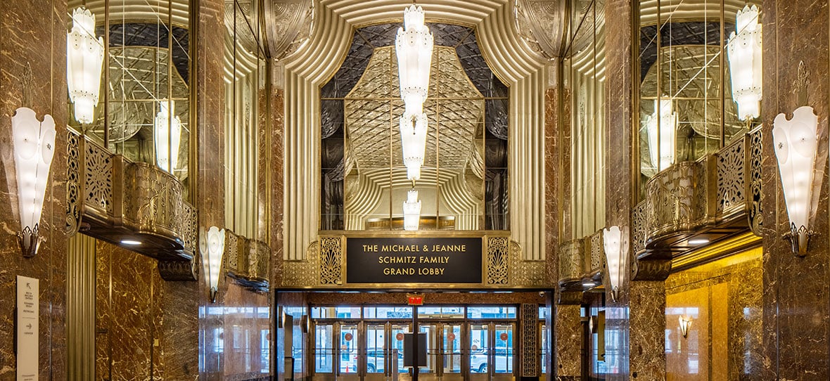 The Historic Grand Lobby of Milwaukee Symphony Orchestra Warner Grande Theatre historic restoration construction building modern Bradley Symphony Center