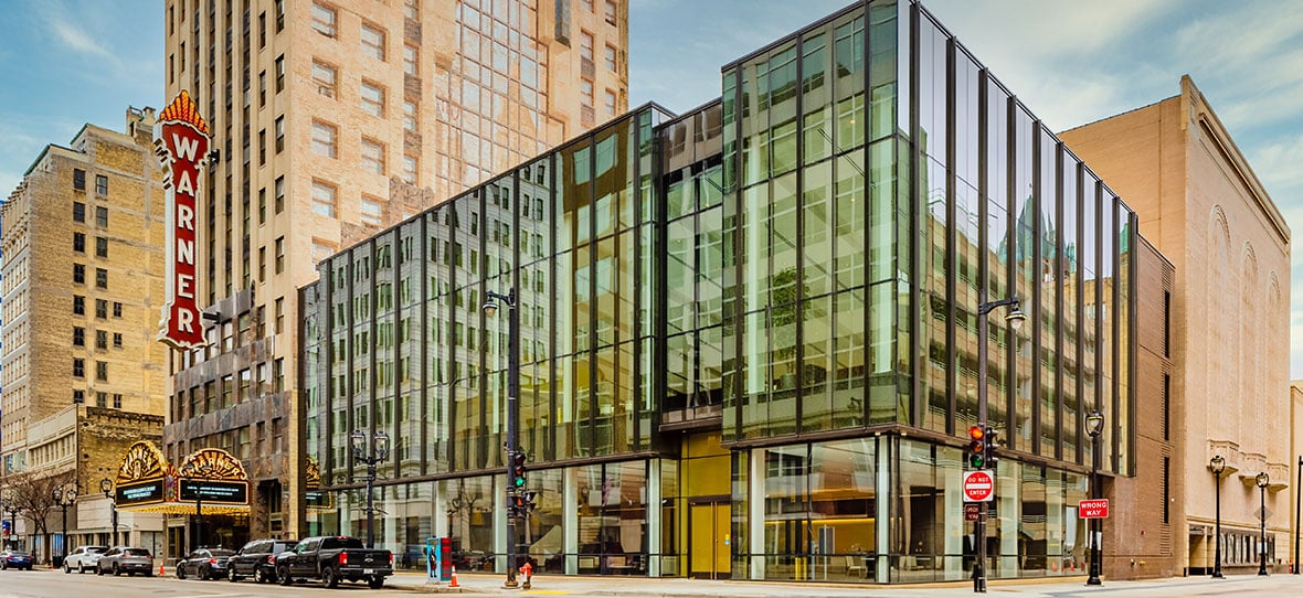 Historic Brick & Modern Glass Facade of Milwaukee Symphony Orchestra Warner Grande Theatre historic restoration construction building modern Bradley Symphony Center