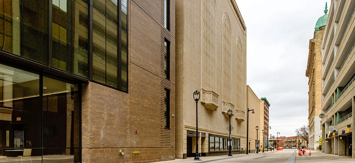 Completed Exterior Wall of Milwaukee Symphony Orchestra Warner Grande Theatre historic building & modern building construction - Bradley Symphony Center