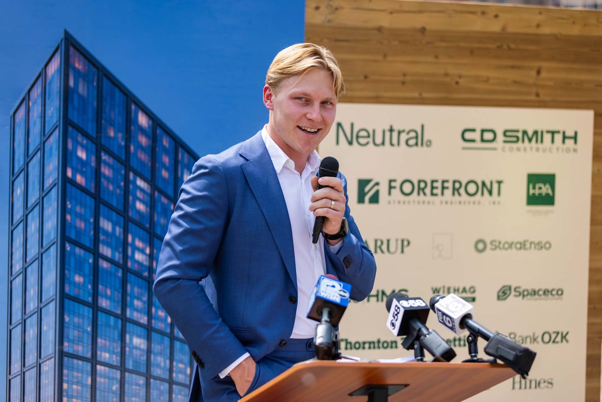 Neutral Co-Founder and CEO Nate Helbach speaking at groundbreaking mass timber CD Smith Construction jobsite