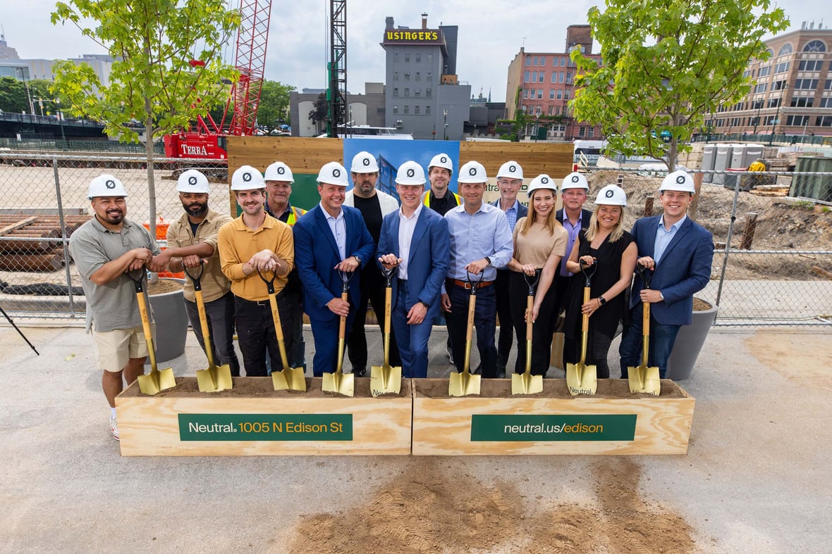 Neutral Edison team posed with shovels at groundbreaking at CD Smith mass timber construction jobsite in Milwaukee