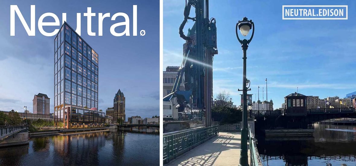 Neutral.Edison project renderings and riverfront construction activity in Milwaukee, highlighting mass timber mixed-use development and sustainable construction management.