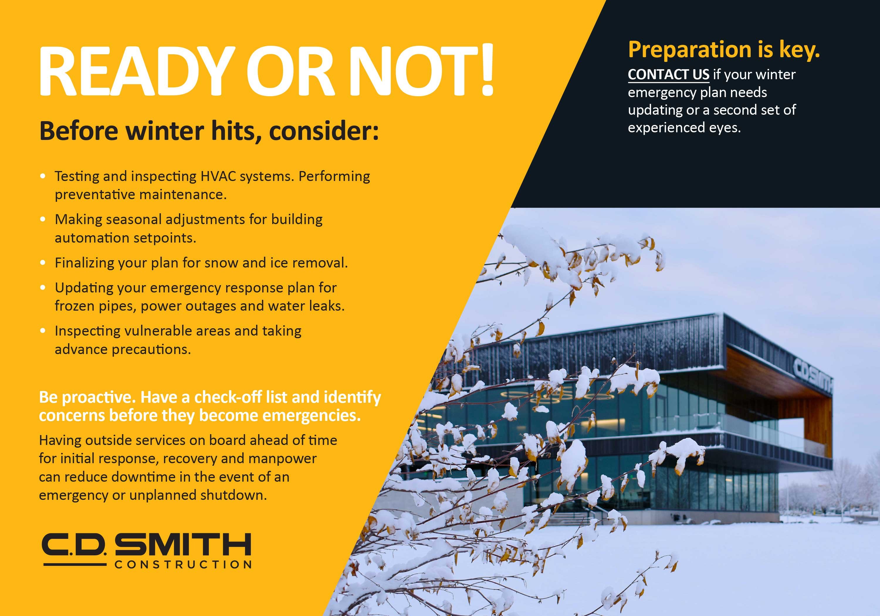 Winter facility management checklist and C.D. Smith Construction Corporate Office in winter