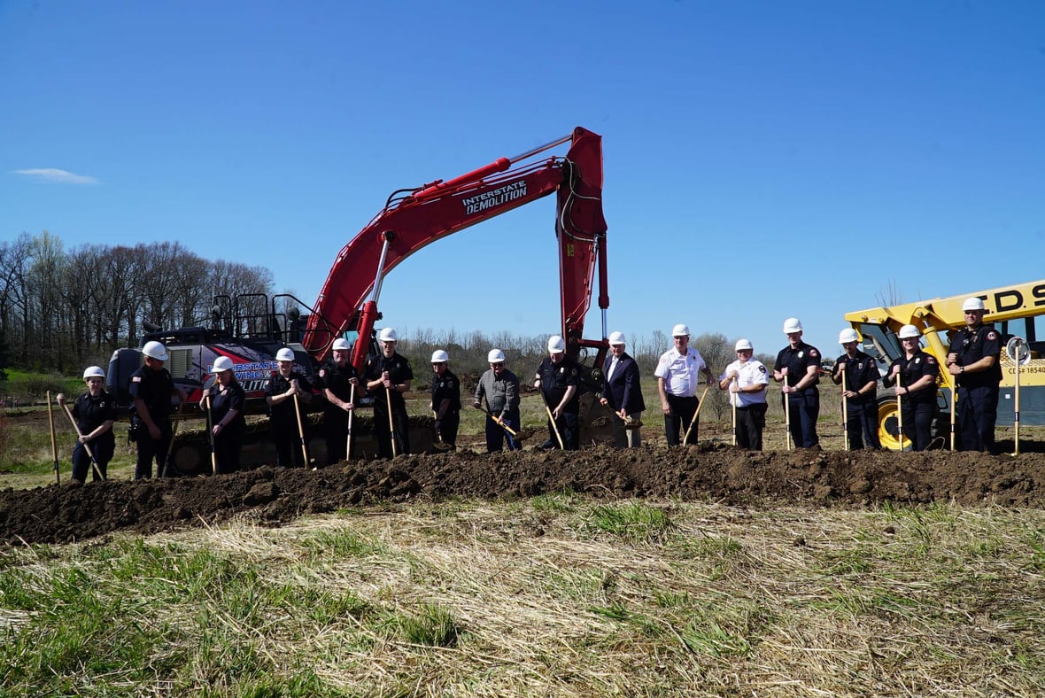 Police and Fire Department representatives join Port Washington leaders for groundbreaking of shared public safety facility, a municipal project in Wisconsin.