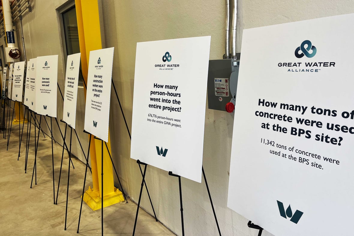 Printed construction stats on easels at Waukesha Water Utility construction project ribbon cutting celebration