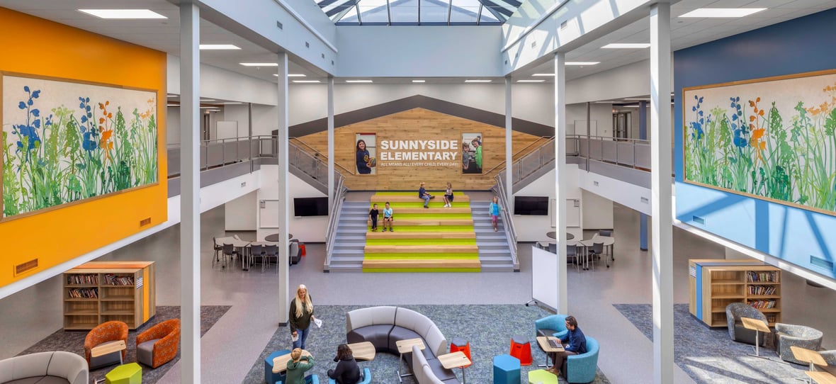 Completed Student Collaboration Hub at Sunnyside Elementary School featuring a large central skylight, tiered learning stair and flexible seating areas used by students for group instruction and project work.