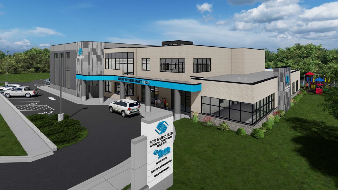 Rendering of exterior of Boys & Girls Club of the Tri-County Area Ripon Site with CD Smith Construction Manager