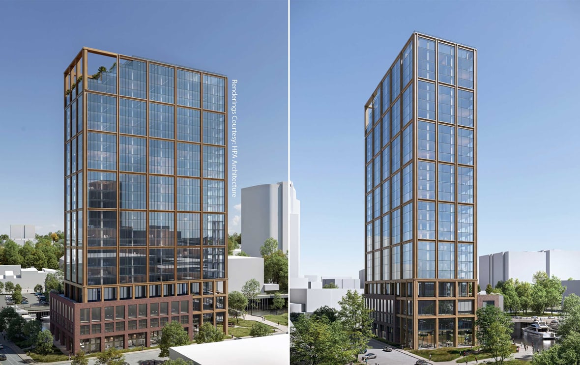 Renderings of The Edison luxury apartments mass timber construction high-rise building project by HPA Architecture 00
