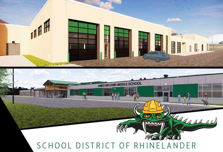 Rendering of Tech Ed addition at Rhinelander High School and James Williams Middle School Exterior Rendering with Hoday in CD Smith Construction hard hat for groundbreaking ceremony program graphic