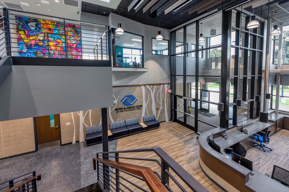 Main entrance of the newly completed Ripon Boys &amp; Girls Club in Wisconsin, a 40,000-square-foot youth facility featuring licensed daycare and skilled trades spaces—part of C.D. Smith Construction’s community-focused commercial construction portfolio.