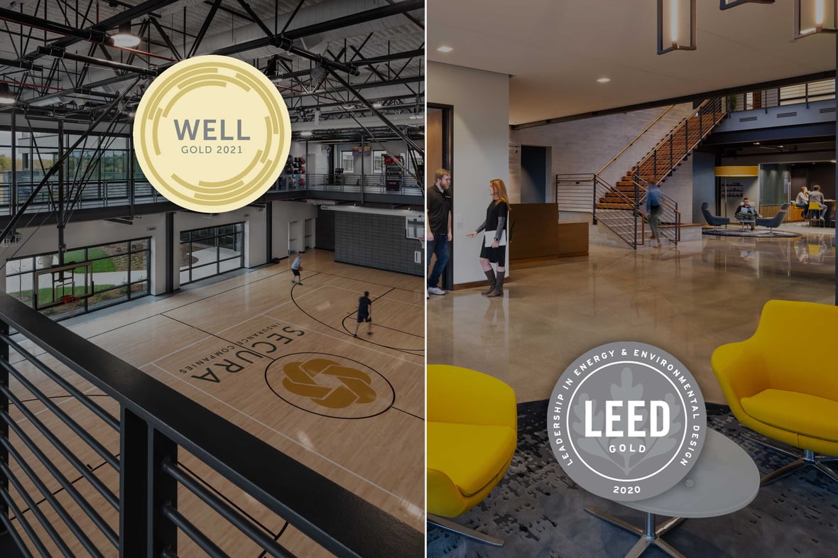 WELL Certification overlaid on SECURA Corporate Office gym and LEED GOLD seal overlay on C.D. Smith Corporate Office lobby interior photo