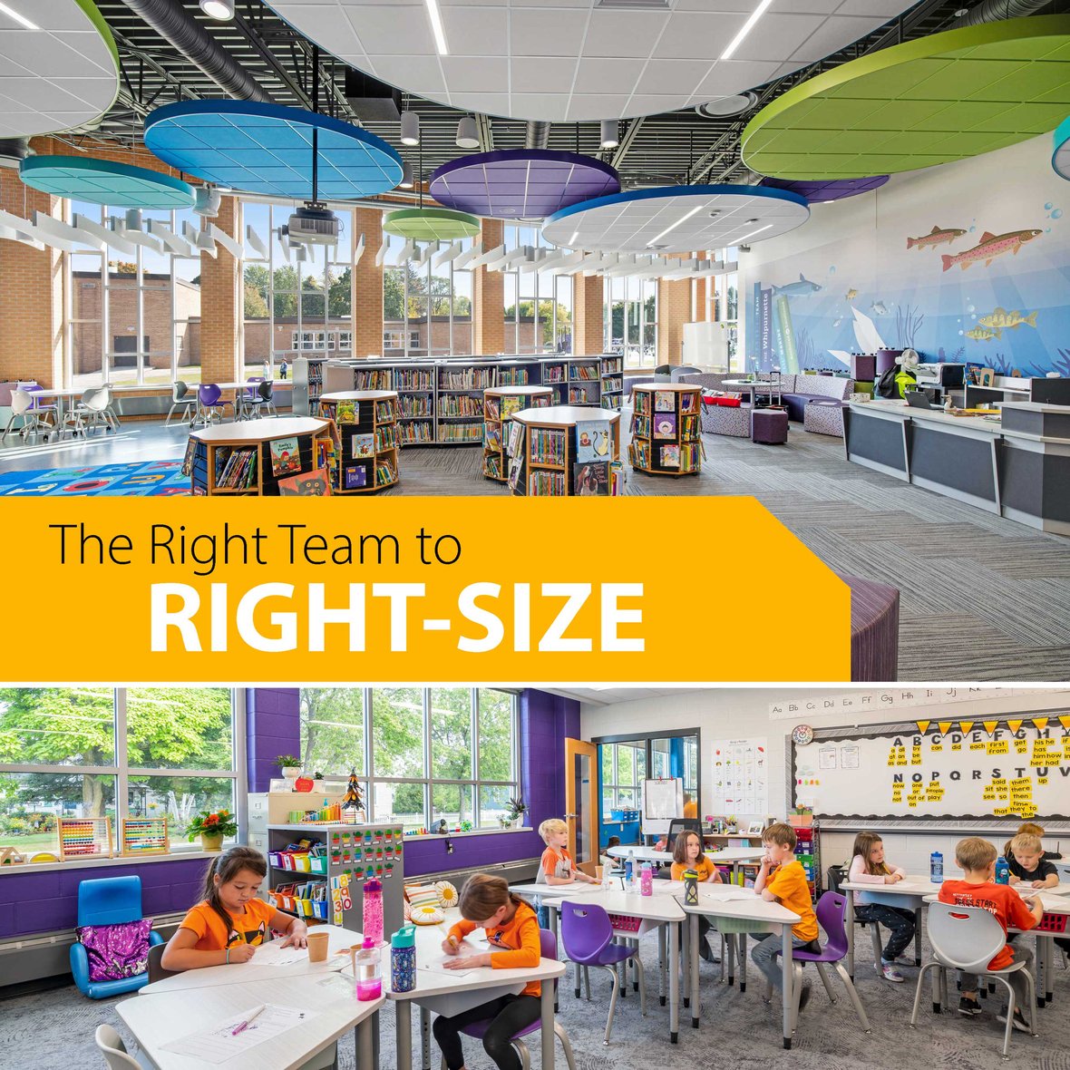 Marinette School District Library and Classroom Interiors with students after construction completion21006-0411