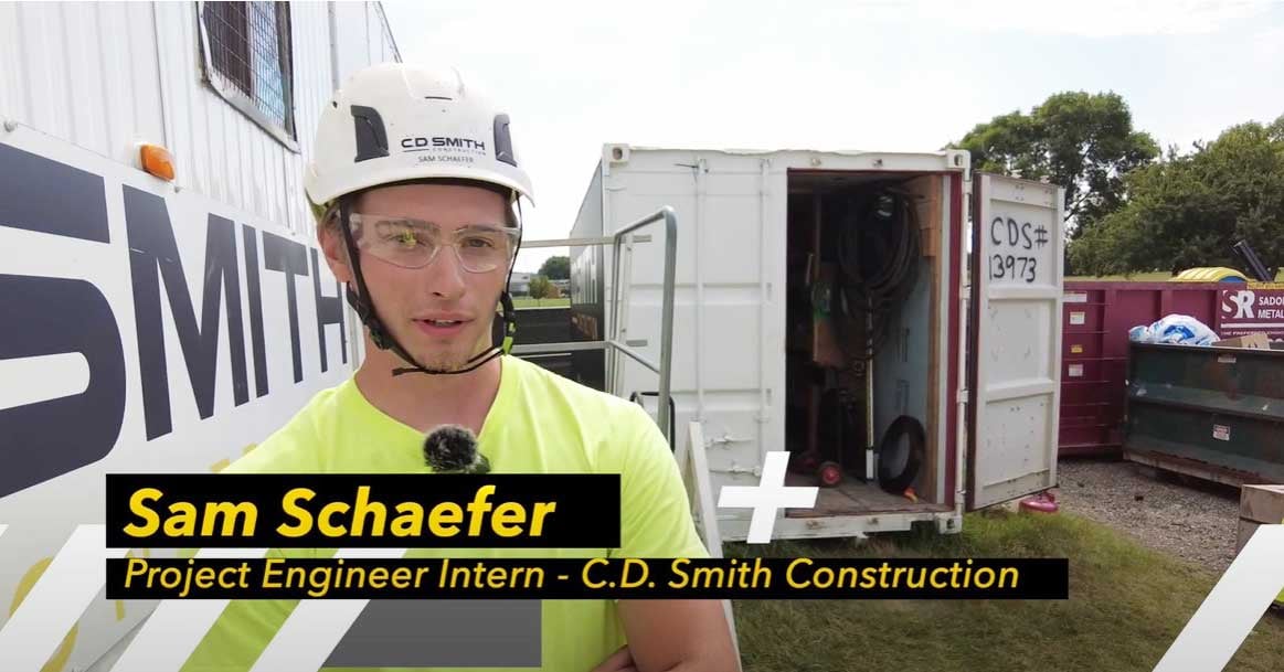Project Engineer Intern Sam Schaefer at AIR Center construction jobsite with Moraine Park Technical College and CD Smith
