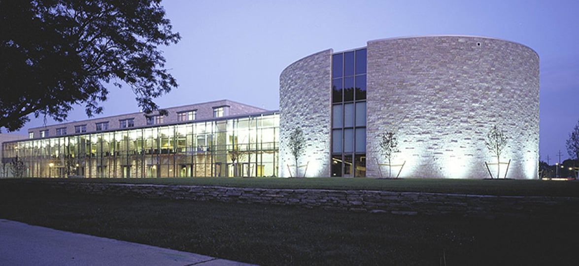 Exterior photo of Marian University's Stayer Center at dusk in Fond du Lac, Wisconsin