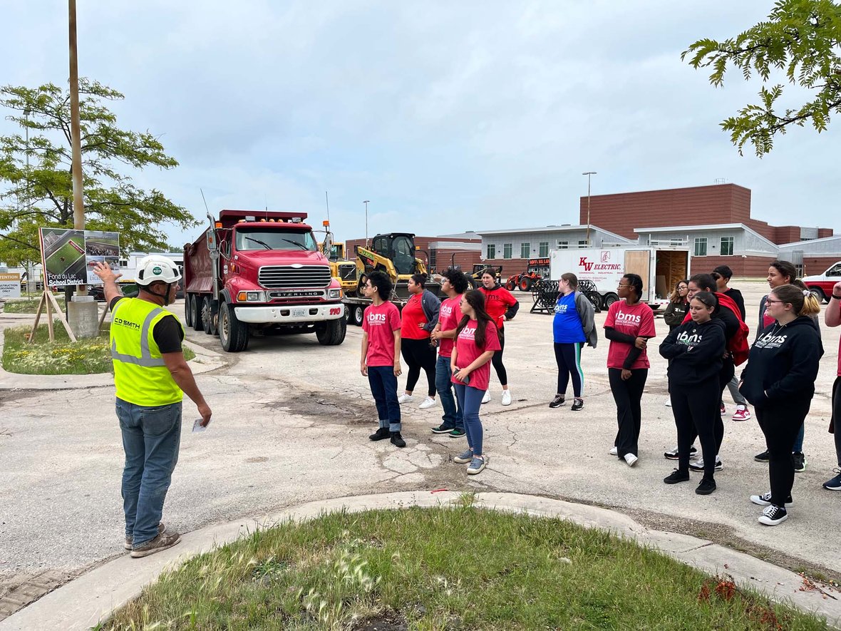 Students in Marian University Summer Academy visit CD Smith Fond du Lac Athletic Stadium jobsite superintendent IMG_1527