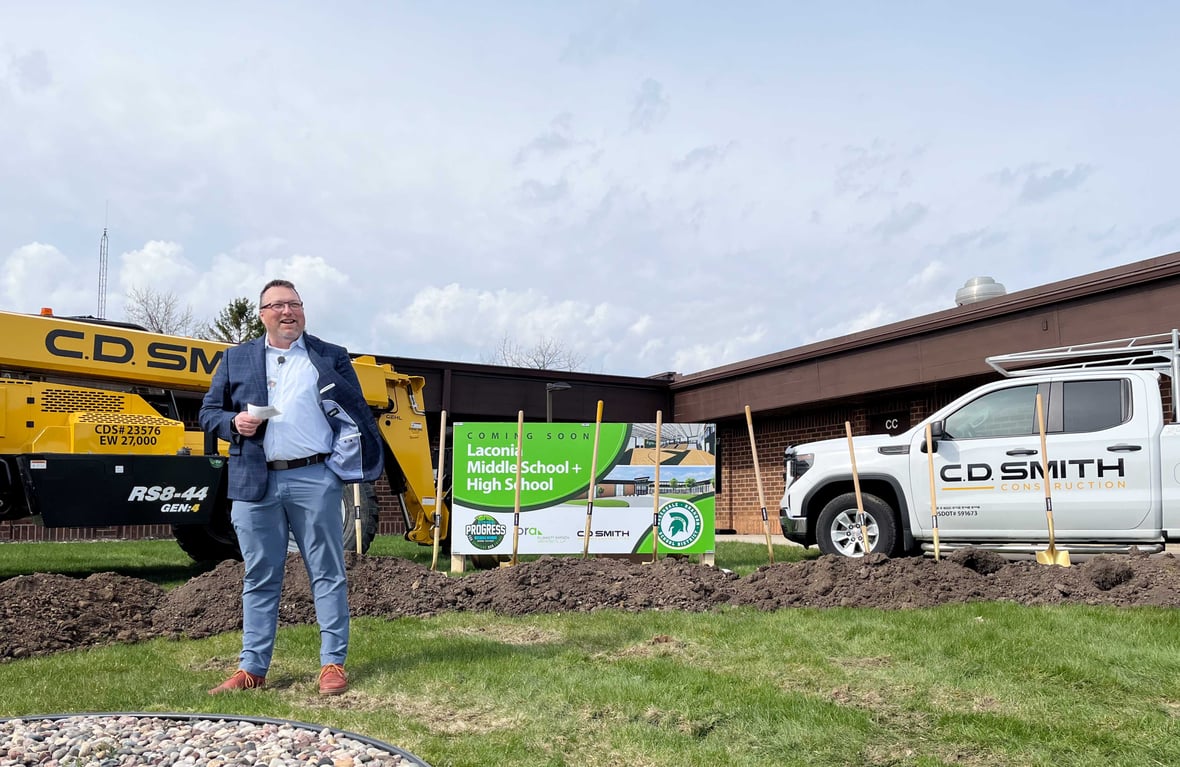 Superintendent with architects and building project team members at Rosendale Brandon School District Laconia Groundbreaking Project with CD Smith Construction