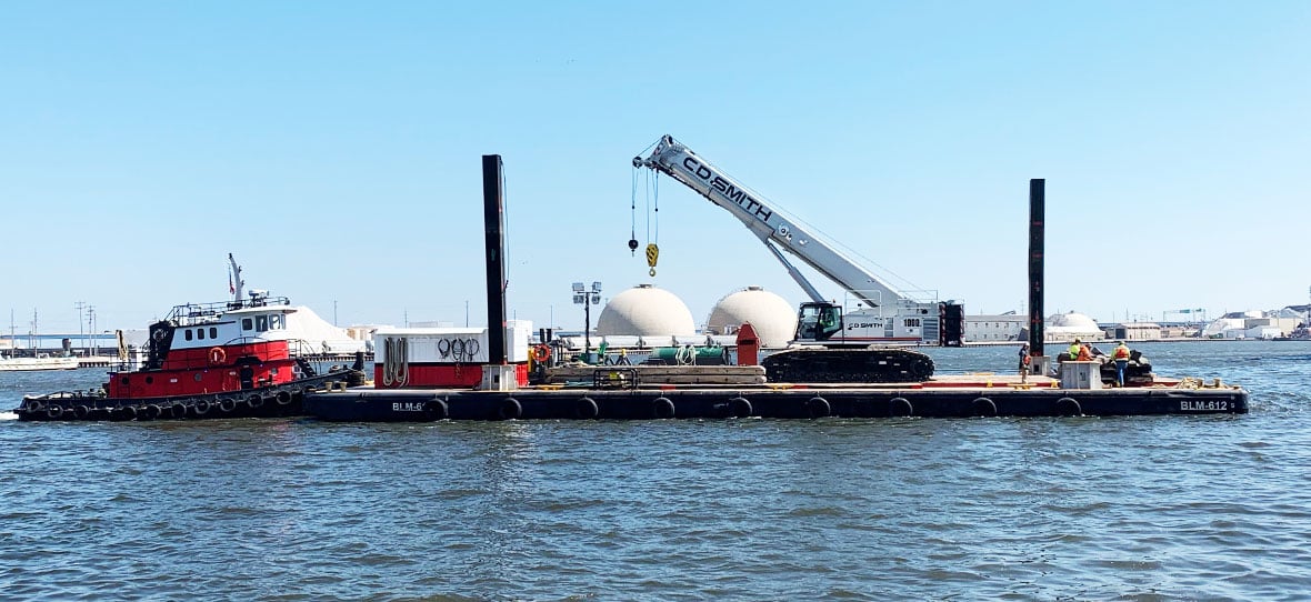 Telescopic Crawler Crane Custom Built & Delivered by Barge for C.D. Smith Construction Fleet Heavy Equipment Operators.