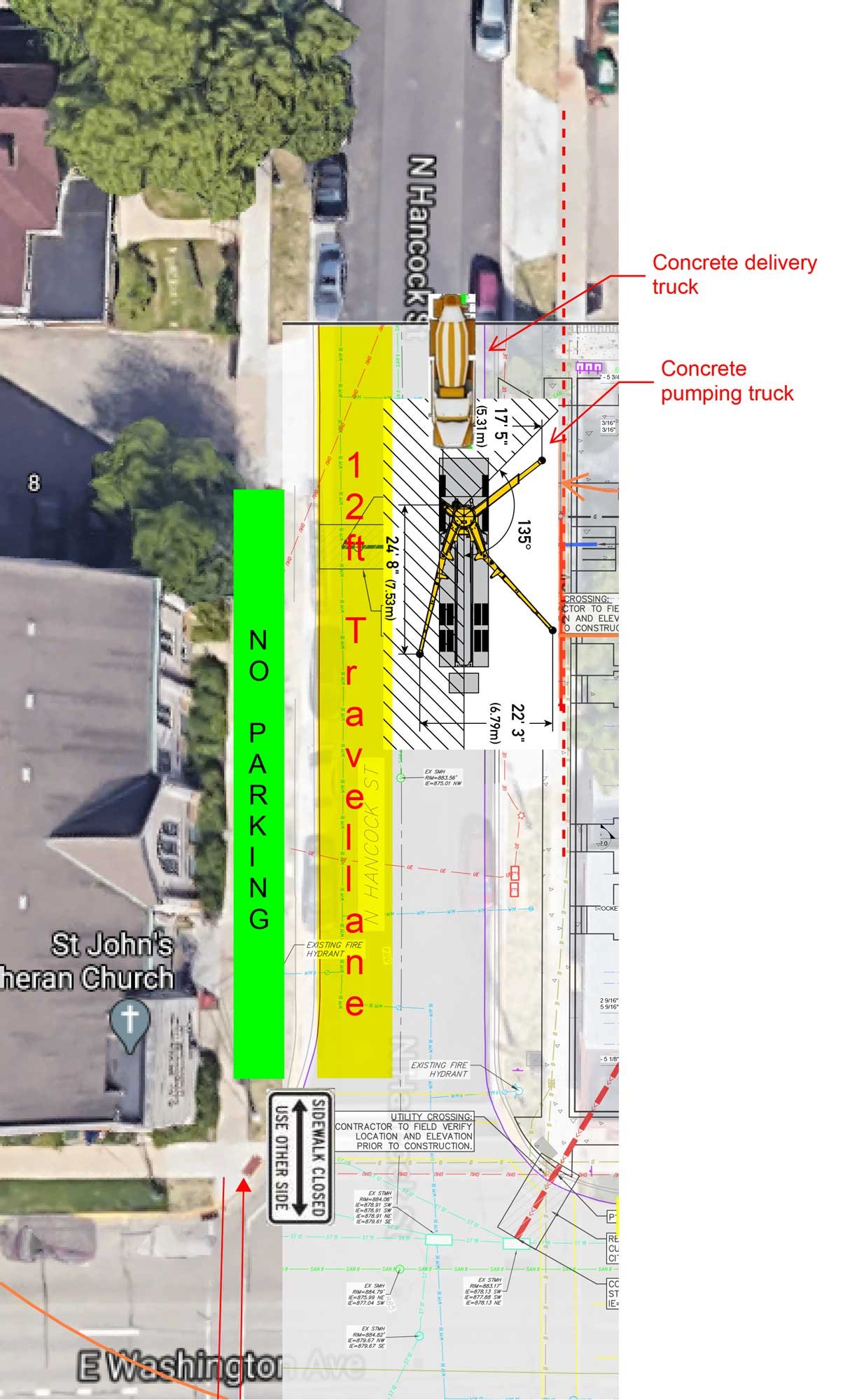 The Continental Project C.D. Smith Construction notice with map of concrete pumping truck placement