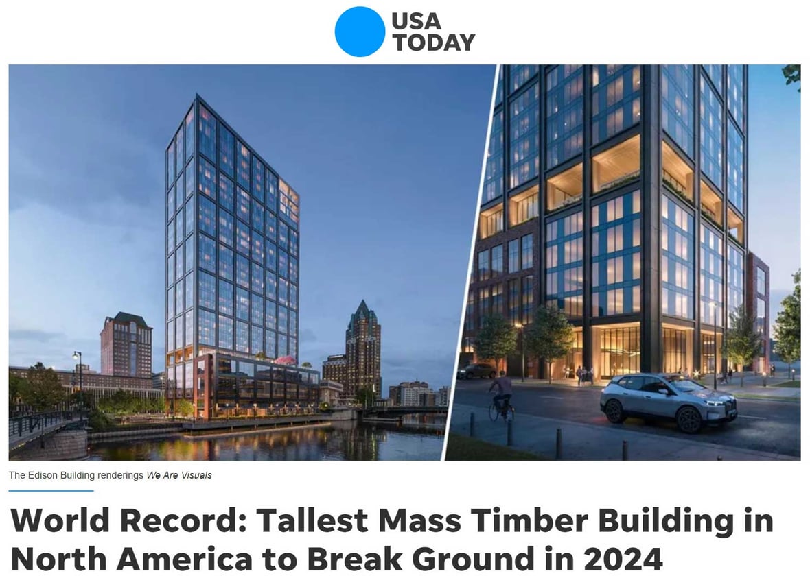 The Edison mass timber building rendering The Neutral Project for real estate construction USA Today article on apartment tower in Milwaukee 