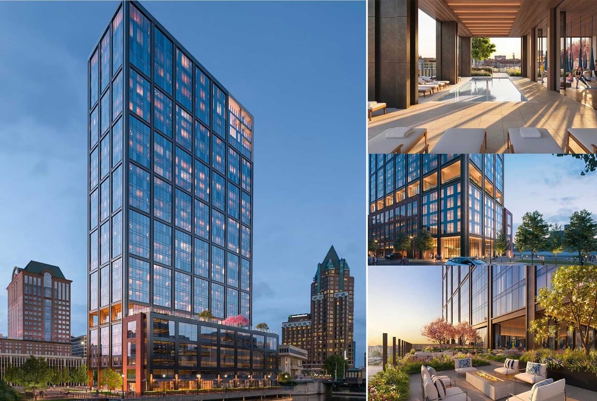 Exterior renderings of The Edison mass timber building in Milwaukee, Wisconsin