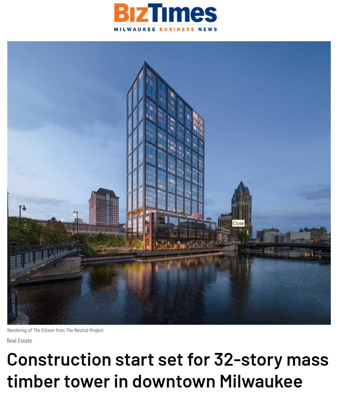The Edison mass timber building aerial view rendering on the river in Milwaukee Wisconsin for BizTimes article