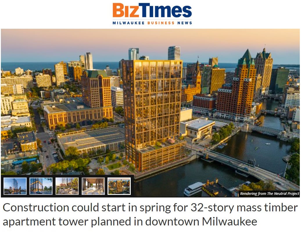 The Edison mass timber building renderings slide show from The Neutral Project for construction start article on apartment tower in Milwaukee Business News BizTimes