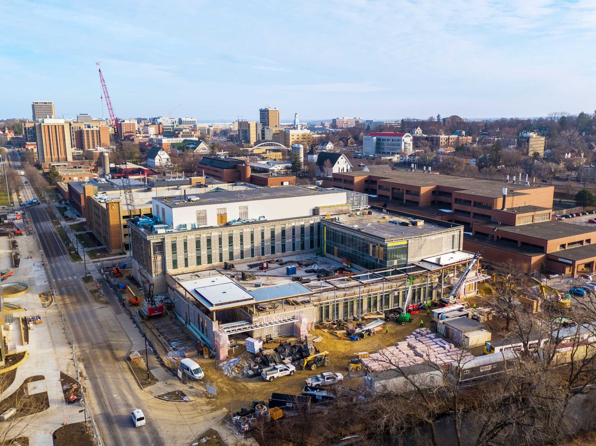 Aerial drone footage of C.D. Smith Construction working on UW-Madison School of Veterinary Medicine Expansion in Madison Wisconsin 